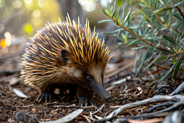 An echidna ambling through a scrubby bushland in Australia, with its distinctive spines captured in fine detail