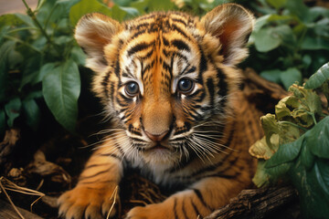 A heart-melting photograph of a tiger cub exuding innocence and playfulness, ideal for projects celebrating the charm of youth and new beginnings.