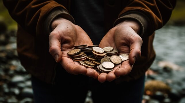 A person holding money coins in the open hands. standing outside in the nature. poor person begging for cash