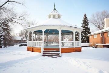 gazebo with snow-capped roof and columns