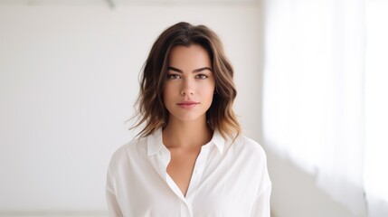 A photo portrait of a young beautiful american fashion stylist designer woman with white shirt standing isolated on white studio background