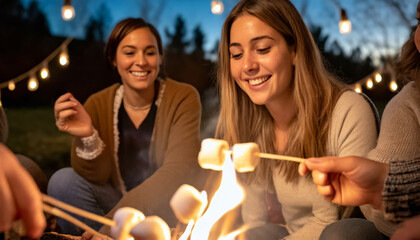Campfire Fun: Smiling Friends Enjoying Outdoor Adventure