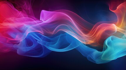 Neon multicolored vapors against deep black, large plumes of colorful smoke on a dark backdrop