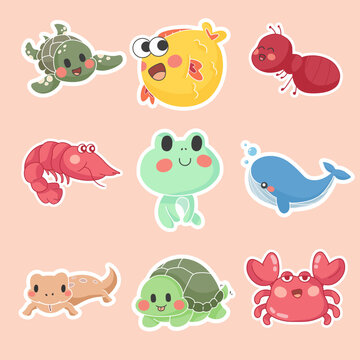 Free vector set of animal character with turtle ant fish crab whale frog