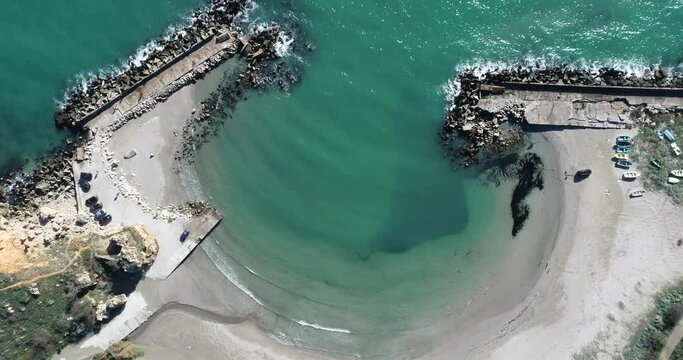 Aerial top down view of beautiful bay. Bolata beach on Black sea, Bulgaria. Famous bay near Cape Kaliakra. 