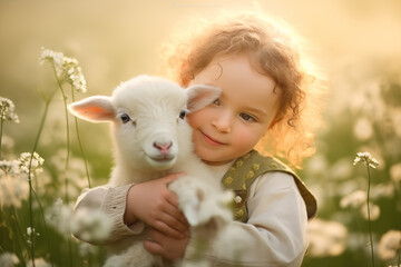Fototapeta premium Little cute girl with a sheep in a flowering meadow in spring