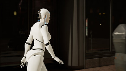 female robot walking along a street in a big city. humanoid AI robot crossing street. 3d animation. future automation job.