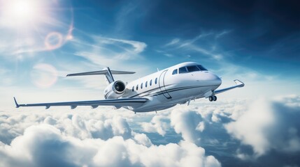 Obraz premium A private airplane jet flying in the sky clouds at high speed