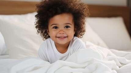 A very cute little black african baby kid with afro hair wrapped in soft white blanket on a bed smiling. image perfect for ads. big beautiful eyes and tiny nose