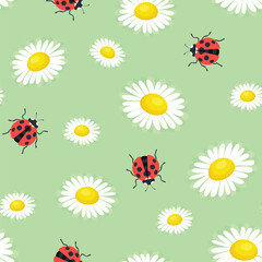 White daisy and Ladybugs on green background. Floral seamless pattern. Vector cartoon flat illustration of beautiful flowers and cute insects.