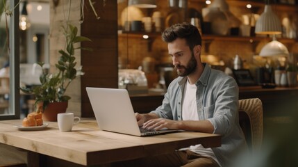 Caucasian entrepreneur working with a laptop in restaurant