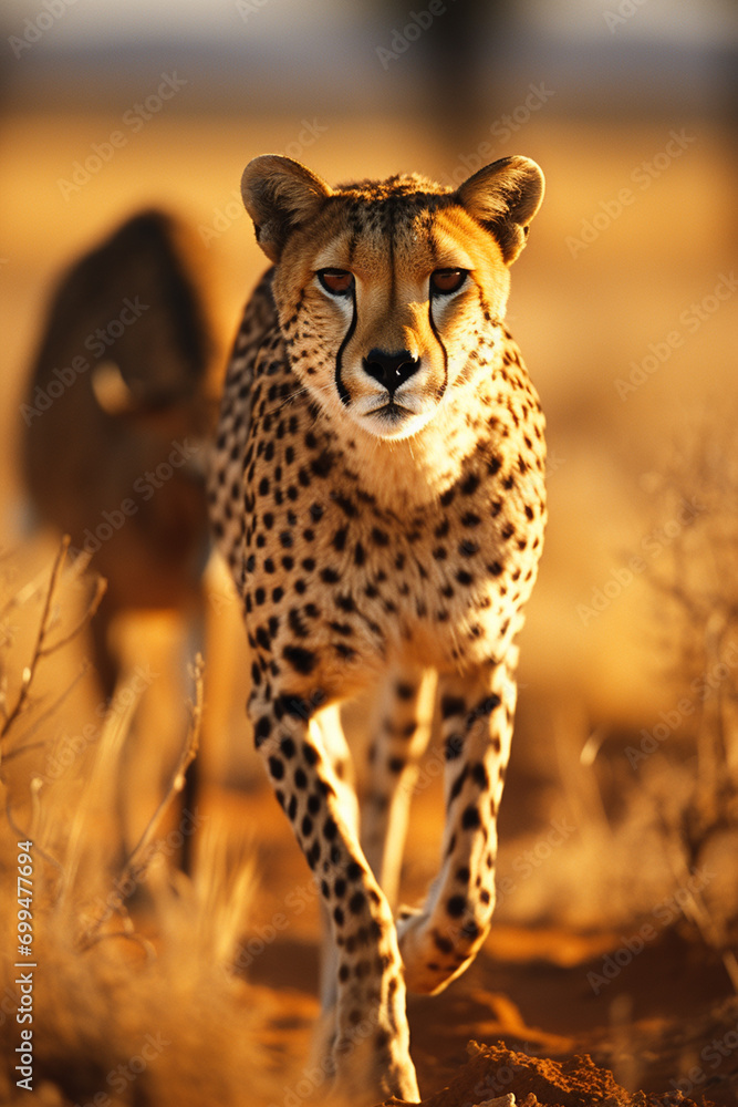 Poster a photograph illustrating the dynamic relationship between cheetahs and gazelles, highlighting the p