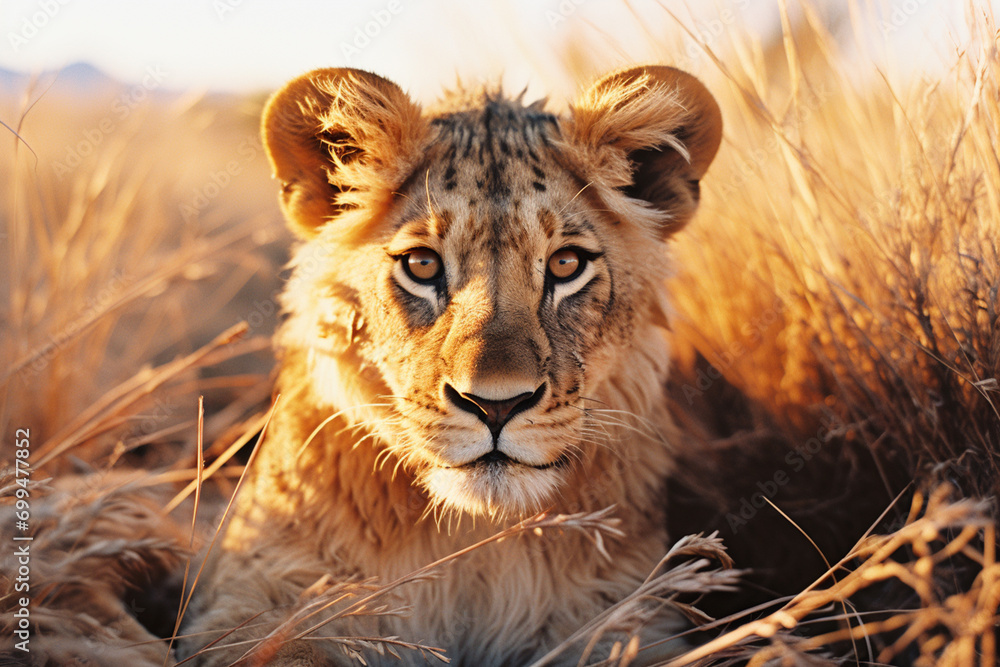 Aufkleber a series of photographs portraying the hunting sequence of a lioness on the african savannah, showca
