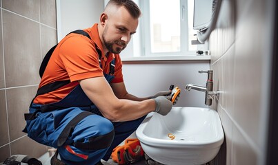 A man fixing a sink in a kitchen
