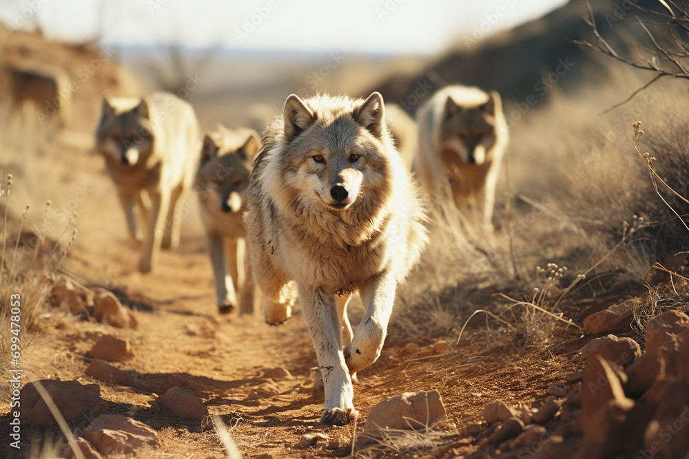 Poster a series of images illustrating the pack hunting strategy of coyotes, demonstrating the cooperative 