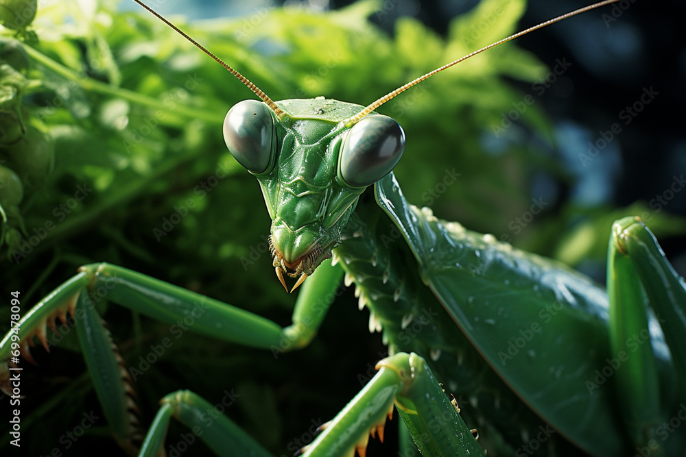 Poster A close-up view of a praying mantis in ambush mode, showcasing the stealth and precision of this predatory insect in capturing its prey.