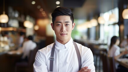 Closeup photo portrait of a handsome young asian chef cook with white uniform standing. guests eating in the restaurant. blurry food restaurant kitchen in the background