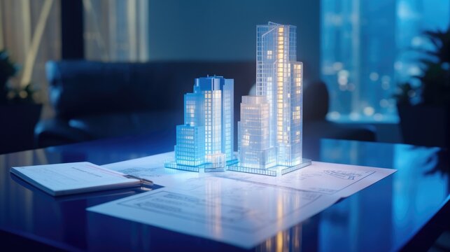 Concept holo blue 3d render miniature model maquette of small skyscraper building on table in real estate agency. signing mortgage contract document demonstrating. futuristic business