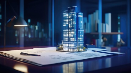 Concept holo blue 3d render miniature model maquette of small skyscraper building on table in real estate agency. signing mortgage contract document demonstrating. futuristic business