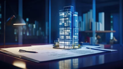 Fotobehang Concept holo blue 3d render miniature model maquette of small skyscraper building on table in real estate agency. signing mortgage contract document demonstrating. futuristic business © Zainab