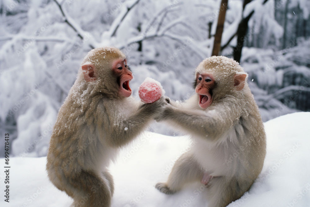 Poster playful scenes of macaque monkeys engaging in snowball fights, illustrating their capacity for recre