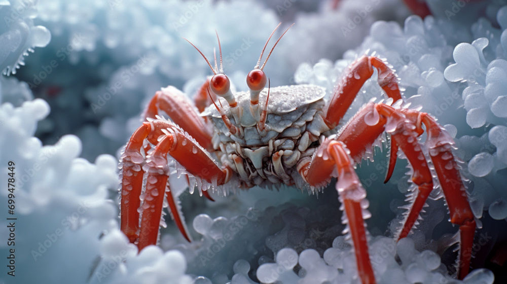Aufkleber close-up images of a decorator crab adorned with an assortment of materials for camouflage, highligh