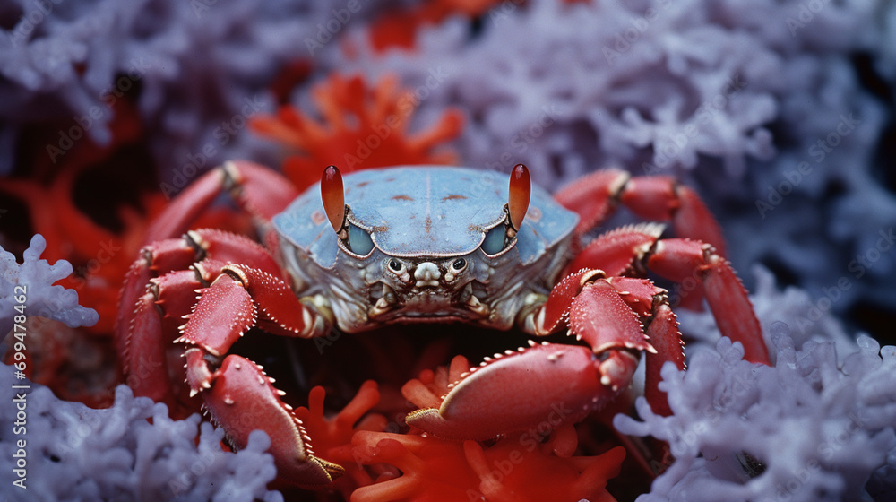 Poster Close-up images of a decorator crab adorned with an assortment of materials for camouflage, highlighting its unique ability to blend seamlessly into its environment.