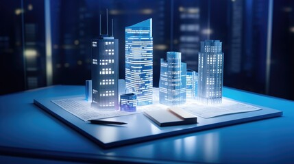 Concept holo blue 3d render miniature model maquette of small skyscraper building on table in real estate agency. signing mortgage contract document demonstrating. futuristic business - obrazy, fototapety, plakaty