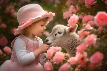 Little cute girl with a sheep among blooming flowers in spring