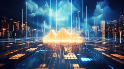 Digital informational technology web futuristic hologram with cloud icon, blue golden light digits and code background, cloud computing. Abstract Motion of digital data flow