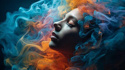Fototapeta na wymiar A mesmerizing close-up of a woman's face enveloped in vibrant colored smoke, creating a surreal and beautiful portrait