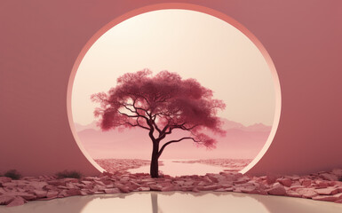 A zen-inspired image of a tree in front of a mirror, creating a tranquil pink landscape