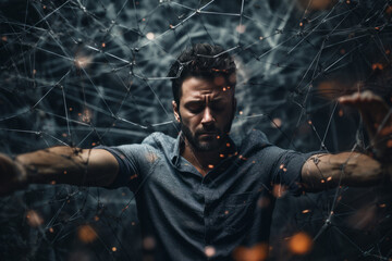 A thought-provoking scene of a man standing before a forest covered in spider webs, symbolizing being trapped in consciousness and ego - obrazy, fototapety, plakaty