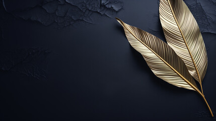 A striking close-up capturing two golden leaves on a black surface, emphasizing the beauty of gold leaves in a detailed and artistic composition