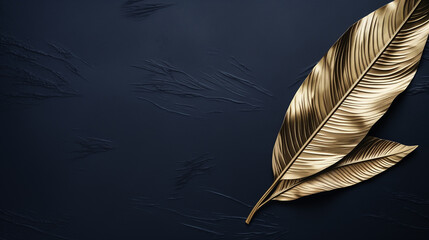 A close-up featuring a gold leaf on a black background, with golden feathers, presenting a luxurious and detailed composition