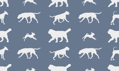 Dog silhouettes different breeds in various poses. Endless texture. Seamless pattern. Design for fabric, decor, wallpaper, wrapping paper, printing. Vector illustration.