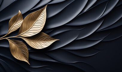 A striking close-up of a gold leaf on a black background, featuring gold leaves and a harmonious blend of black and gold colors