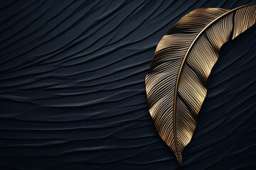 A captivating close-up of a golden leaf on a black background, highlighting delicate detailing and golden strokes, presenting a realistic gold composition