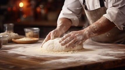 Fototapeta premium Old baker kneading dough and baking bread in a bakery kitchen restaurant. flour on the table and chefs hands