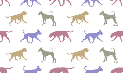 Seamless pattern. Different dogs isolated on a white background. Dog silhouettes. Endless texture. Design for fabric, decor, wallpaper. Vector illustration.