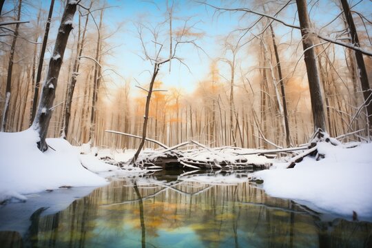 a frozen pond at the heart of a tranquil, snow-draped forest