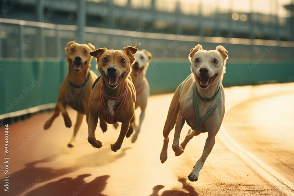 Aufkleber Racing dogs in dynamic motion, creating abstract patterns on the track that symbolize the excitement of canine racing.
