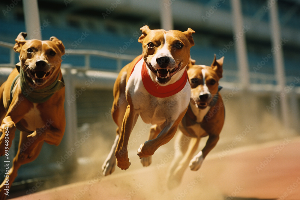 Aufkleber Racing dogs in dynamic motion, creating abstract patterns on the track that symbolize the excitement of canine racing.