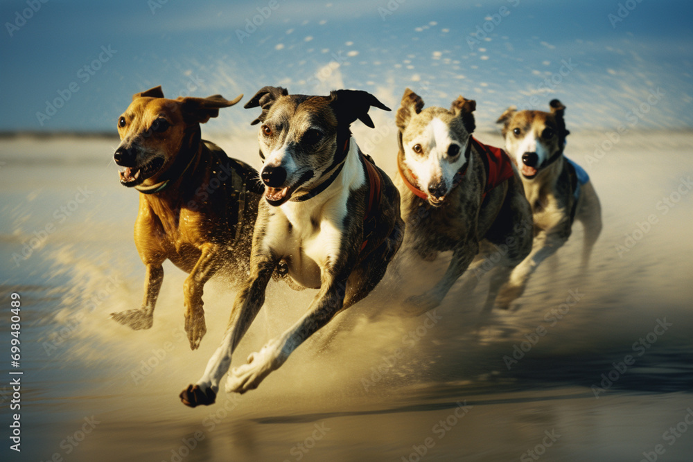 Poster Greyhounds in mid-gallop, creating abstract lines that highlight the dynamic and powerful strides of these racing dogs.