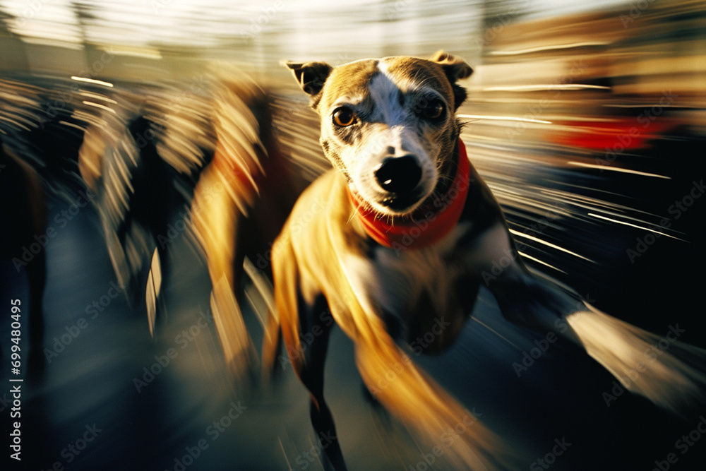 Poster racing dogs in a ballet of speed, forming abstract shapes that capture the agility and precision in 