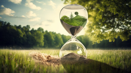 An hourglass with a growing plant signifies the inexorable passage of time, emphasizing its consuming nature - obrazy, fototapety, plakaty