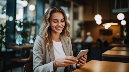 Successful female entrepreneur smiling and using smartphone in café