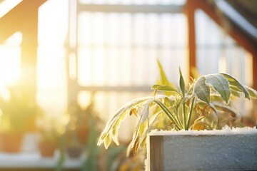 close-up of frosty greenhouse pane with warm interior light - obrazy, fototapety, plakaty