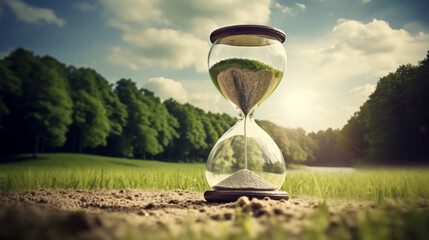 An hourglass rests in the center of a field, evoking a sense of urgency as time slips away, challenging the conventional notion of its existence