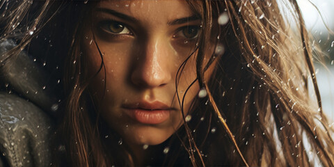 An ultra-realistic digital painting depicting a woman in the snow, creating a highly detailed and visually striking winter scene